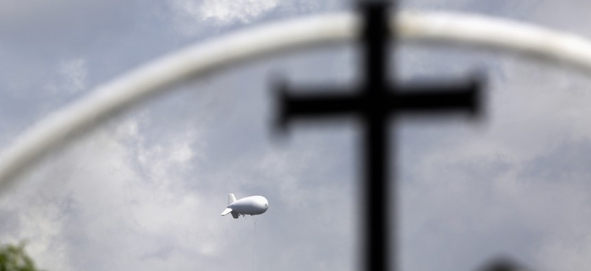 A surveillance balloon is used near the Texas-Mexico border, in Los Ebanos, Texas in 2015.