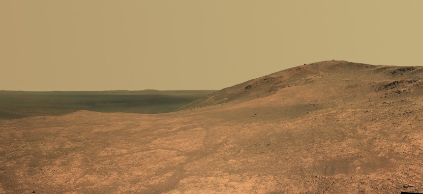 A panorama shot by the rover in 2016 is shown.