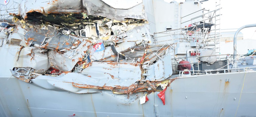 The USS Fitzgerald on July 11, 2017 after its collision with a cargo ship in the Pacific in June 2017.