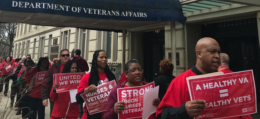 Nurses rallied at VA headquarters March 15 to protest the Trump administration's approach to veterans' care.