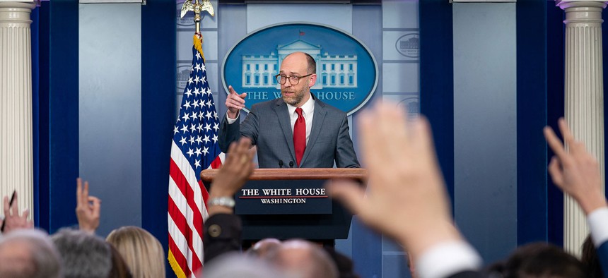 Acting Director of the Office of Management and Budget Russell Vought discusses President Trump's priorities during a press briefing on March 11 at the White House.