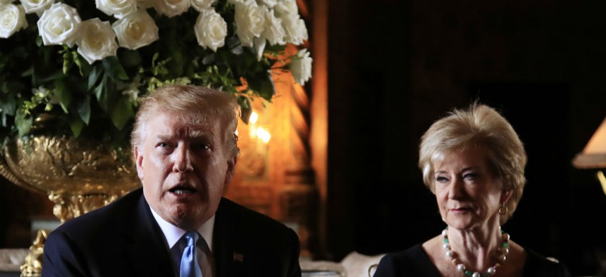 President Trump announces the resignation of Small Business Administration Administrator Linda McMahon during a news conference at his Mar-a-Lago estate in Palm Beach, Fla., on March 29.