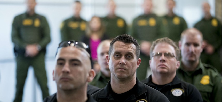 U.S. Customs and Border Patrol agents and agents-in-training listen to Vice President Mike Pence speak at the U.S. Customs and Border Protection Advanced Training Facility in Harpers Ferry, W.Va., on March 13.