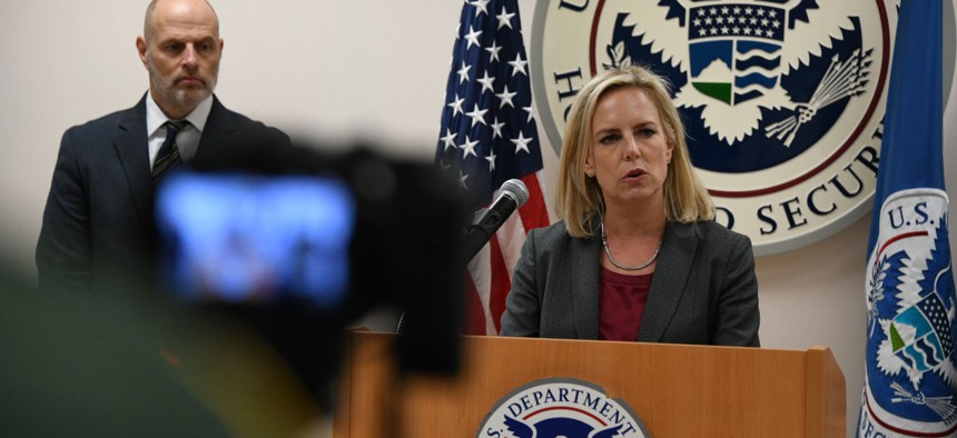 Kirstjen Nielsen speaks at U.S. Border Patrol McAllen Station in McAllen in March.