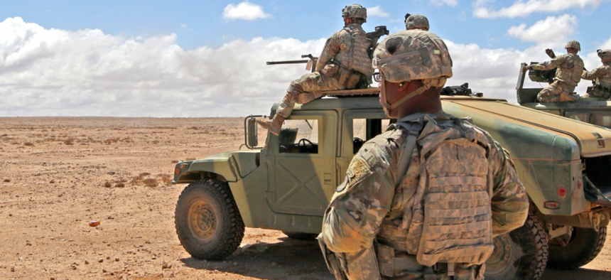 Soldiers from the 1st Squadron, 75th Cavalry Regiment, 2nd Brigade Combat Team, 101st Airborne Division, work alongside their Royal Moroccan Armed Forces partners near Tan Tan, Morocco, March 27, 2019, during exercise African Lion 2019.