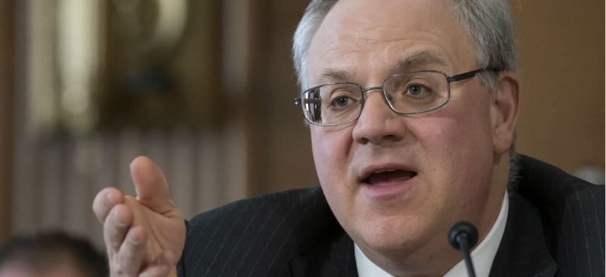 David Bernhardt, a former oil and gas lobbyist, speaks before the Senate Energy and Natural Resources Committee at his confirmation hearing to head the Interior Department, on March 28.