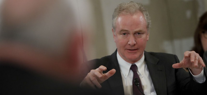 Sen. Chris Van Hollen, D-Md., questions USDA Secretary Sonny Perdue during his confirmation hearing in March 2017. Van Hollen is now trying to block Perdue's plan to relocate research offices outside the D.C. area. 
