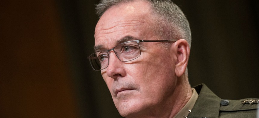 Gen. Joe Dunford, chairman of the Joint Chiefs of Staff, listens during a Senate hearing in 2018.