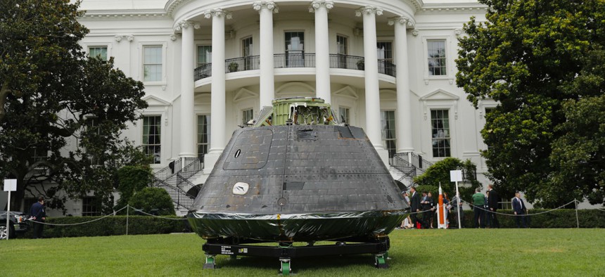 An Orion crew module, part of NASA's Space Launch System (SLS), is on display on the South Lawn of the White House in Washington at the "Made in America", product showcase in 2018.