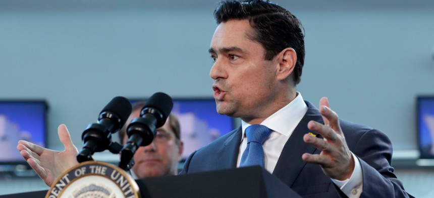Carlos Vecchio, ambassador to Washington for Venezuelan opposition leader Juan Guaido, speaks during a news conference outside of the USNS Comfort on Tuesday in Miami.