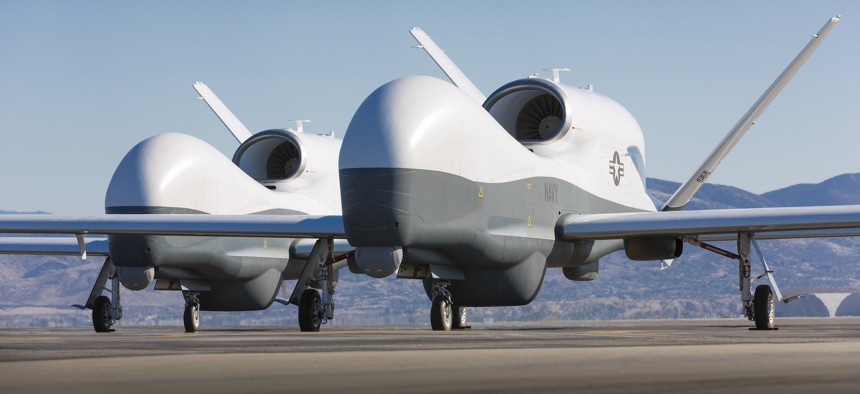 Two MQ-4C Triton Unmanned Air System vehicles at Northrop Grumman. 