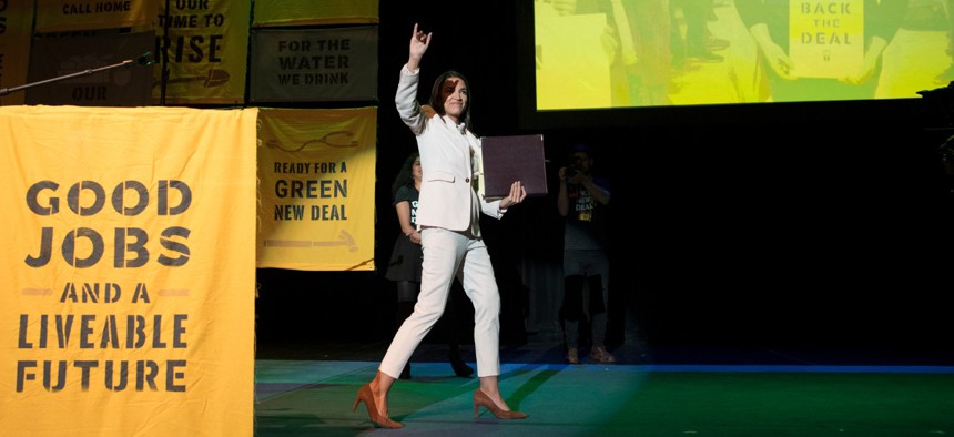 Rep. Alexandria Ocasio-Cortez, D-N.Y., speaks at the final event for the Road to the Green New Deal Tour att Howard University in Washington in May.