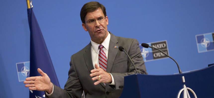 Acting U.S. Secretary for Defense Mark Esper speaks during a media conference at the conclusion of a meeting of NATO defense ministers at NATO headquarters in Brussels, Thursday, June 27, 2019.