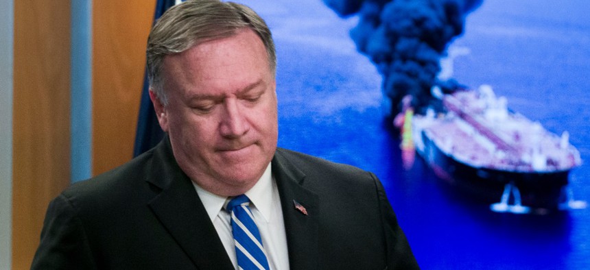 Secretary of State Mike Pompeo walks away after speaking during a media availability at the State Department, Thursday, June 13, 2019, in Washington.