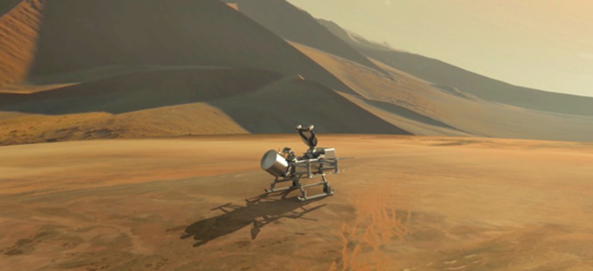 An artist's impression of the Dragonfly spacecraft on Titan