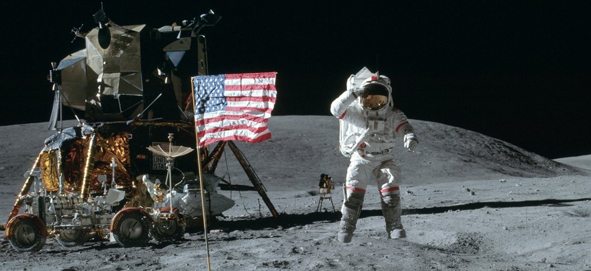 Apollo 16’s John W. Young, mission commander, and Charles M. Duke Jr., lunar module pilot is shown on the moon in 1972.