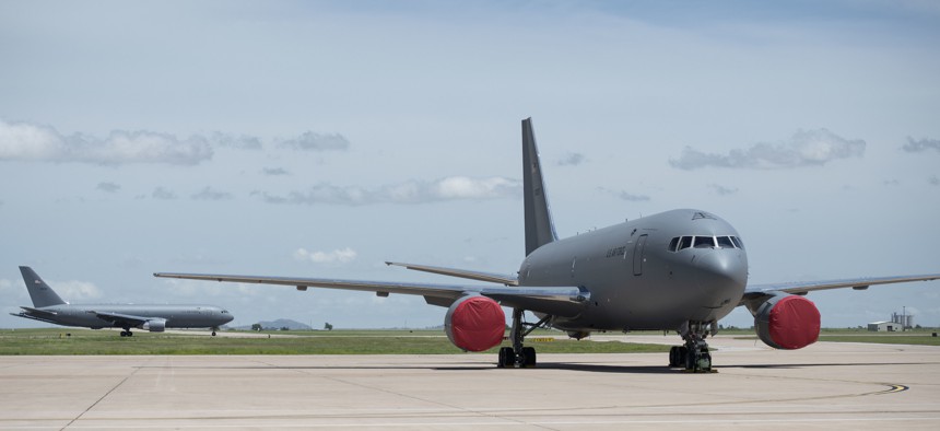 A fourth KC-46 Pegasus lands on the flight line, May 18, 2019, at Altus Air Force Base, Okla. 