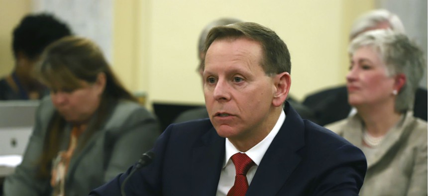 Paul Lawrence, undersecretary for benefits at the Veterans Affairs Department, takes questions at a Senate Veterans Affairs Committee hearing in April 2018. 