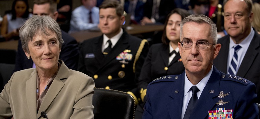 Former Air Force Secretary Heather Wilson and Gen. John Hyten appear before a Senate Armed Services Committee in Washington on July 30, 2019, for Hyten's confirmation hearing to be Vice Chairman of the Joint Chiefs of Staff.