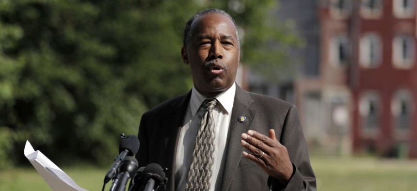 Housing and Urban Development Secretary Ben Carson speaks during a news conference after touring the Hollins House in Baltimore on Wednesday.