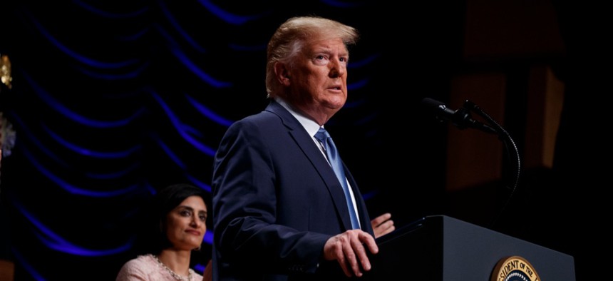 Seema Verma, the administrator of the Centers for Medicare and Medicaid Services and President Donald Trump at the Ronald Reagan Building and International Trade Center, on July 10, 2019, in Washington, D.C.