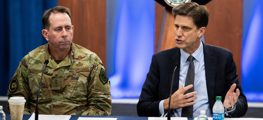 Dana Deasy, DOD Chief Information Officer, and Air Force Lt. Gen. John Shanahan host a roundtable discussion on the enterprise cloud initiative with reporters, Aug. 9, 2019, at the Pentagon, Washington, D.C.