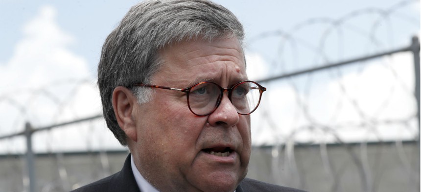 Attorney General William Barr speaks to reporters after a tour of a federal prison Monday, July 8, in Edgefield, S.C.