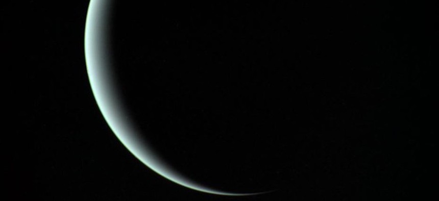 Uranus as seen by Voyager 2 on its way deeper into space.