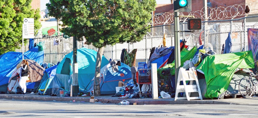 A homeless encampment is shown in Los Angeles in 2018.