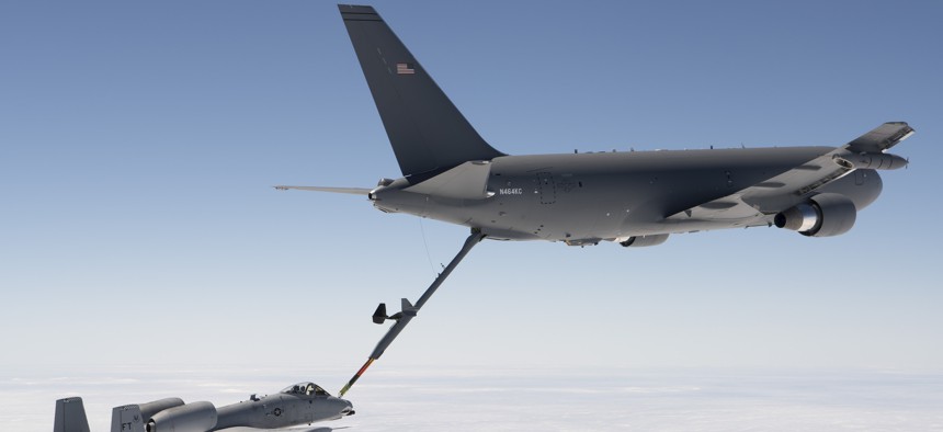 A KC-46 Pegasus refuels an A-10 Thunderbolt II in a 2016 flight test. But the stiff boom makes it harder than it should be to gas up the A-10.