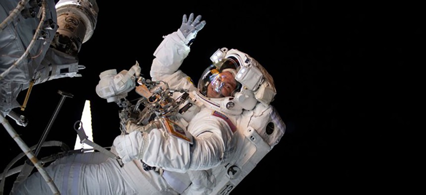 The astronaut Drew Morgan waves during a spacewalk this summer.