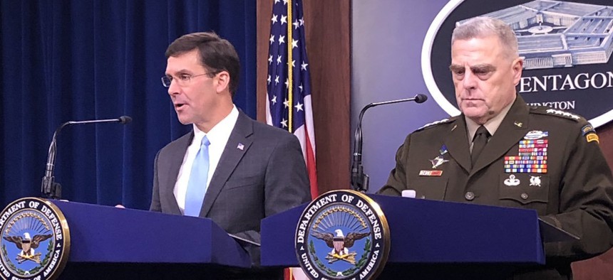 Defense Secretary Esper and Gen. Mike Milley address the press at the Pentagon briefing room on Fri., Oct. 11, 2019.