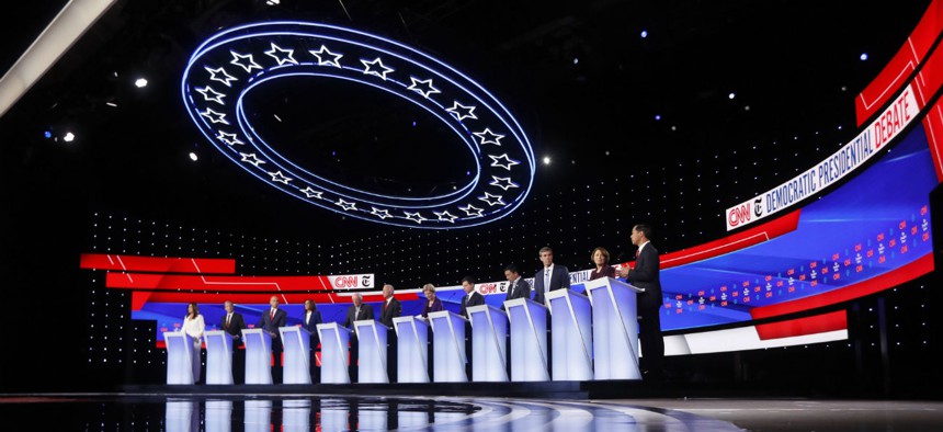 The top 2020 Democratic presidential candidates debate one another in Westerville, Ohio, on Tuesday night. 