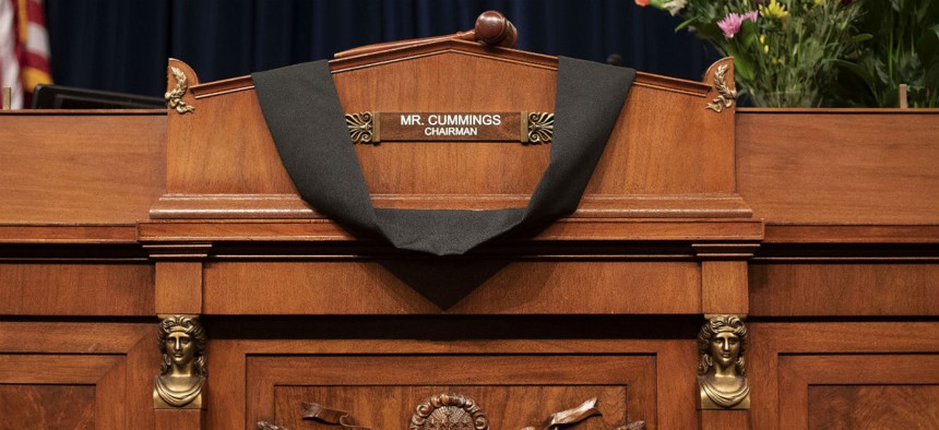 The House Oversight and Reform Committee chairman's seat is draped in black cloth honoring Rep. Elijah Cummings, D-Md.