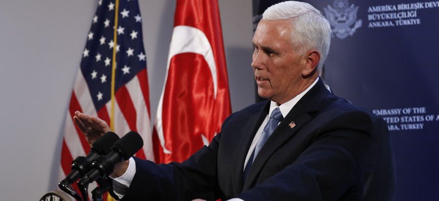 Vice President Mike Pence speaks at the U.S. ambassador's residence during a news conference after meeting with Turkish President Recep Tayyip Erdogan, Thursday, Oct. 17, 2019, in Ankara, Turkey. Pence says the U.S. and Turkey have agreed to a cease-fire.