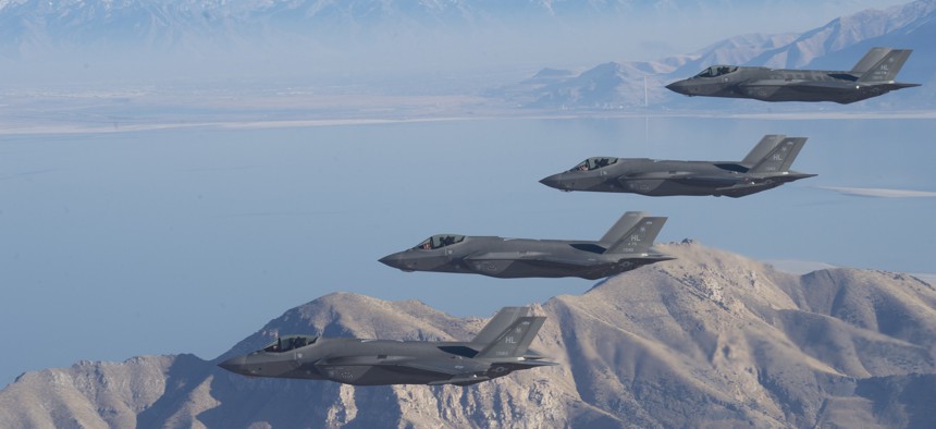 A formation of F-35 Lightning IIs from the 388th Fighter Wing and 419th FW stationed at Hill Air Force Base, Utah, perform aerial maneuvers during as part of a combat power exercise over Utah Test and Training Range, Nov. 19, 2018.