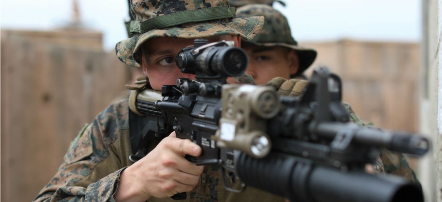 Marine Lance Cpl. Ethan Anderson, a rifle Marine with the 22nd Marine Expeditionary Unit, trains at Naval Station Rota, Spain, on May 6, 2019.