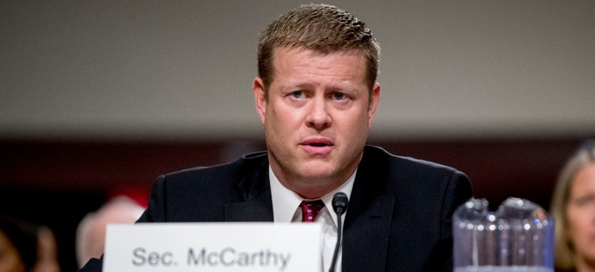 Ryan McCarthy, the nominee to the Secretary of the Army, speaks during his Senate Armed Services Committee confirmation hearing, Thursday, Sept. 12, 2019, in Washington.