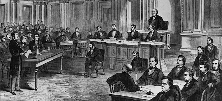 A scene from the impeachment of Andrew Johnson as shown in Frank Leslie's Illustrated Newspaper March 28, 1868
