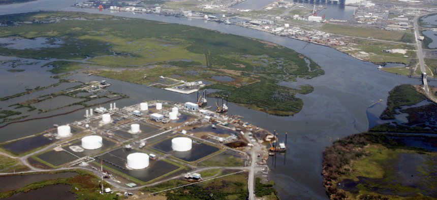The area around an oil refinery in southern Louisiana is flooded after Hurricane Katrina in September, 2005.