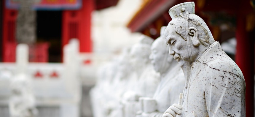 Confucius sculptures are seen at a shrine in Japan in 2012.