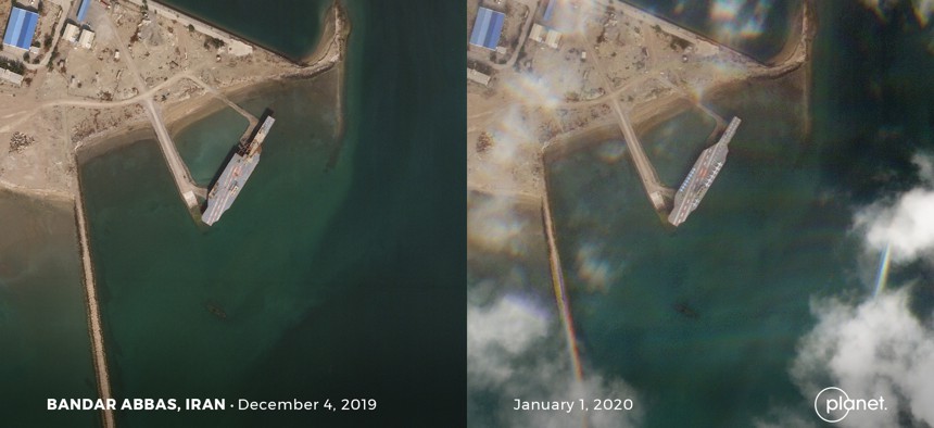 The view from Planet Labs SkySat satellites showing Iran's fake aircraft and a recent push to complete repairs, in possible anticipation of a March exercise. Photos taken December 4, 2019 and Jan 1, 2020.