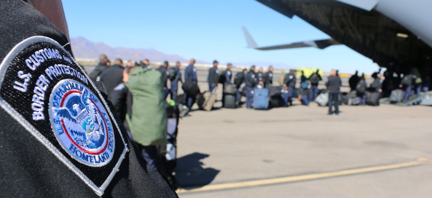 U.S. Customs and Border Protection officers from the El Paso Field Office board a U.S. Air Force C-17 aircraft at El Paso International Airport for transport to California in support of CBP’s Operation Secure Line in 2018.