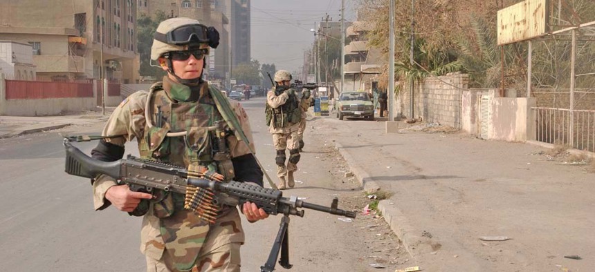 Soldiers patrol Baghdad in 2005.