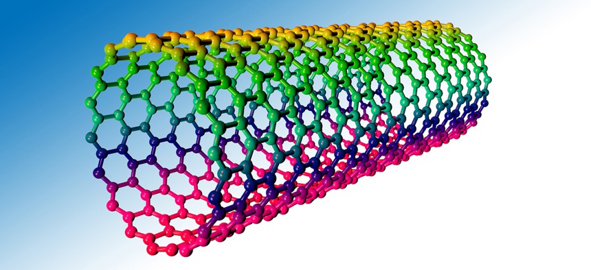 An artist's illustration of a carbon nanotube, which is several times stronger than steal but one sixth the weight. 