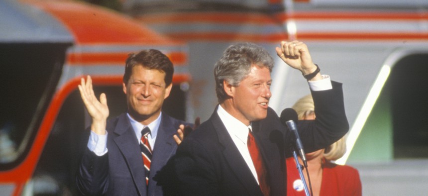 Then Governor Bill Clinton, right, and then Senator Al Gore, left, on the 1992 Buscapade campaign kick off tour in Cleveland, Ohio.