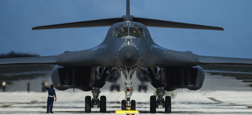 A U.S. Air Force B-1B Lancer assigned to the 9th Expeditionary Bomb Squadron, deployed from Dyess Air Force Base, Texas, arrives Feb. 6, 2017, at Andersen AFB, Guam.