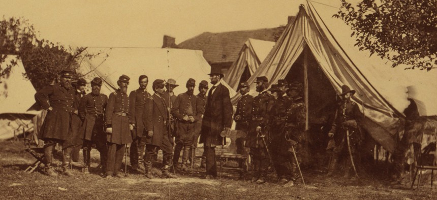 President Abraham Lincoln at Antietam, Maryland, on Friday, October 3, 1862, during his visit to General McClellan, commander of the Army of the Potomac.