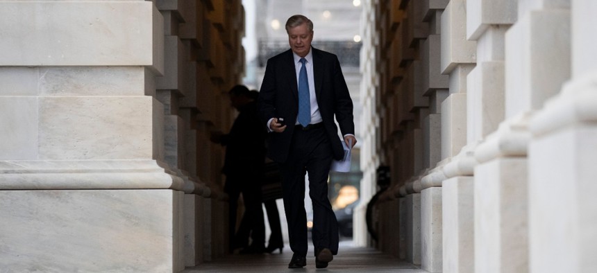 Sen. Lindsey Graham, R-S.C., departs after the impeachment acquittal of President Trump on Feb. 5. 