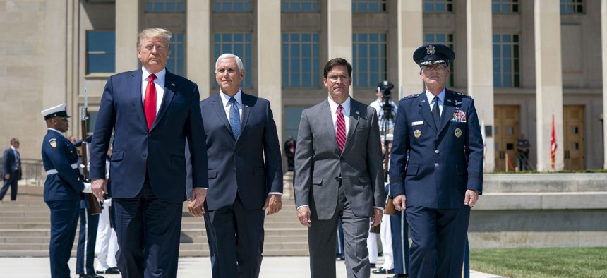 President Trump, joined by Vice President Mike Pence, attends the Full Honors Ceremony for Secretary of Defense Esper on July 25, 2019, at the Pentagon.